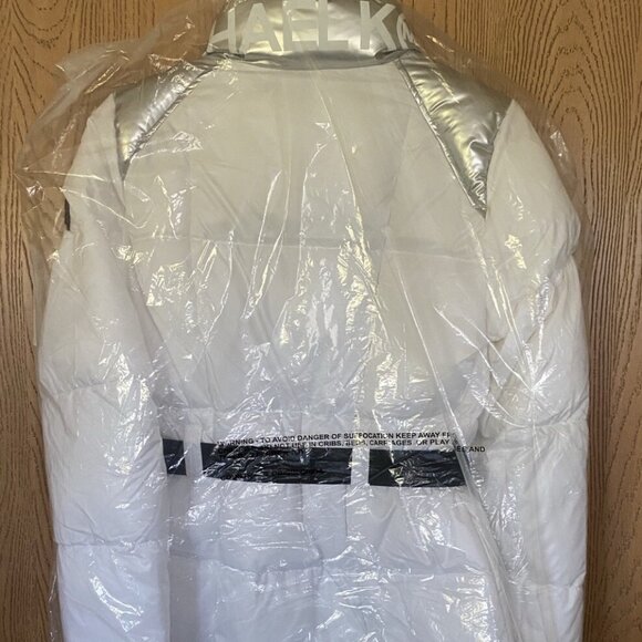 NWT MICHAEL KORS Belted Logo White/Silver Puffer Parka Coat, Sz L - Picture 8 of 9